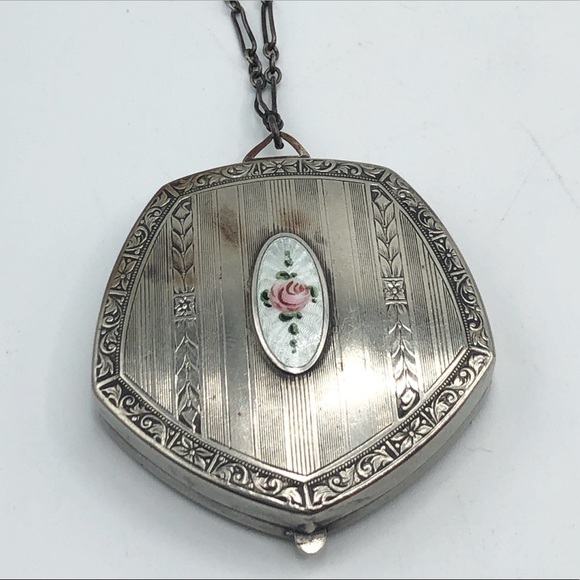 Antique Art Deco Enamel Silver Compact Wristlet - Picture 5 of 7